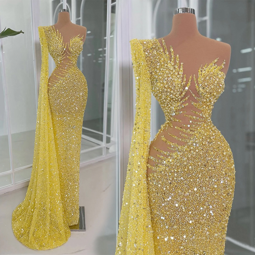 2025 Gold Prom Dresses for Black Women Evening Dresses Illusion Mermaid Promdress Beaded Lace One Shoulder Sequined Lace Pearls Second Reception Gowns