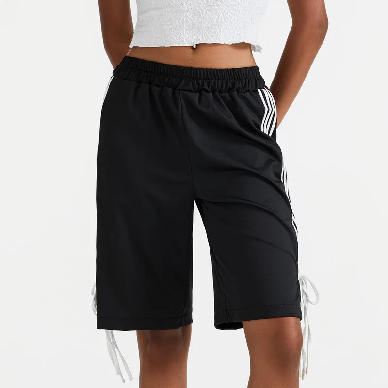 WPNAKS Women Stripe Knee Length Shorts Summer Clothes Elastic Waist Side Stripes Print Bow Details Loose Shorts Streetwear 250214
