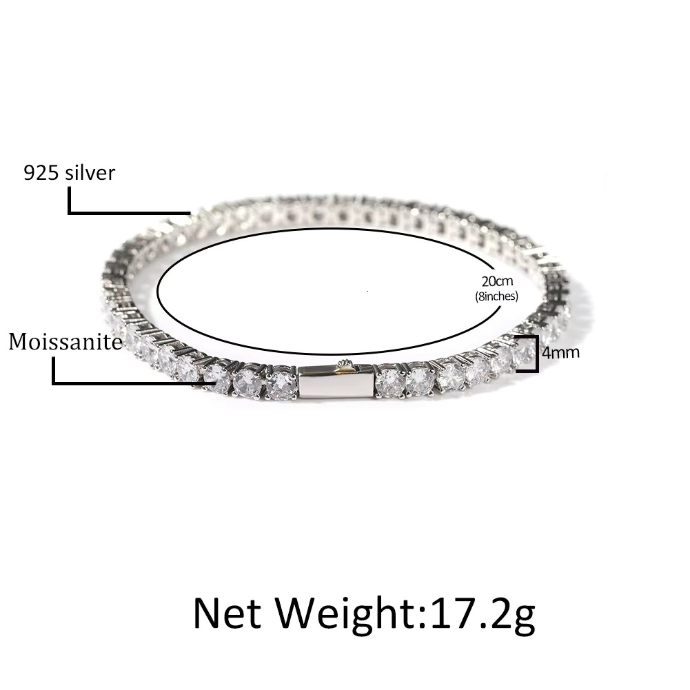 Hip Hop 3mm 4mm Round Dia Moissanite Tennis Chain Bracelet in 14k Gold Plated Iced Out Sterg Sier Necklace Jewelry