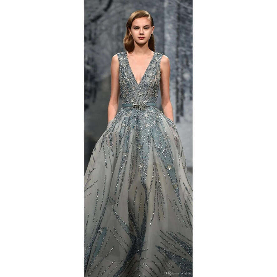 Ziad Nakad Gown Deep V Neck Beads Sequins Prom Dresses Or Length Bg Formal Evening Wear Party Dress Plus Size 4271