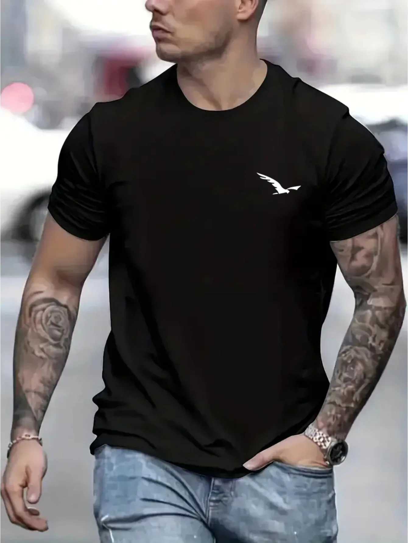 Mens 100% pure cotton summer loose fit suitable for bird pattern slim fit casual sports round neck short sleeved T-shirt top W250220
