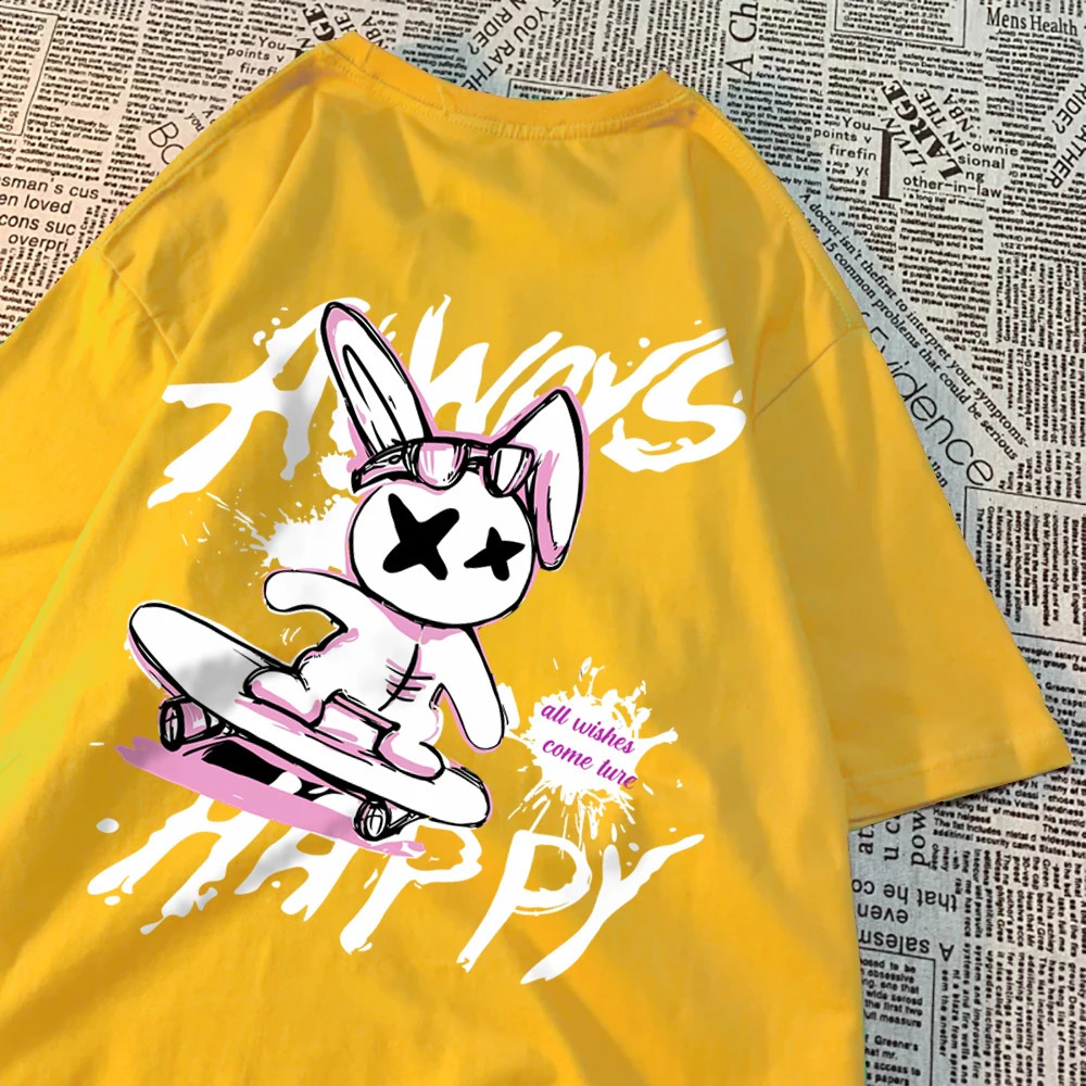 Forever Happy Skateboarding Rabbit Mens Tshirt Oversized Harajuku Soft Clothing Fashionable Breathable Cotton Oneck 250213