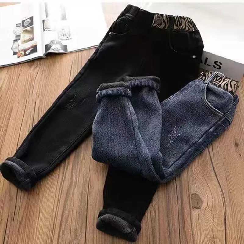 Girls Plush Jeans For Autumn And Winter Childrens Thickened One Piece Elastic Slim Fit And Warm Casual Pants For Small Feet Z250220