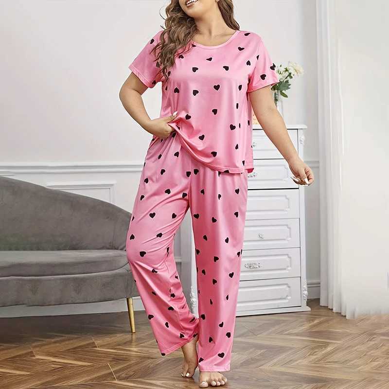 Plus Size Casual Pajama Set Womens Heart Print Short Sve Tee Tops Pants Spwear 2 Piece Soft Comfortable Loungewear SuitXJ250220