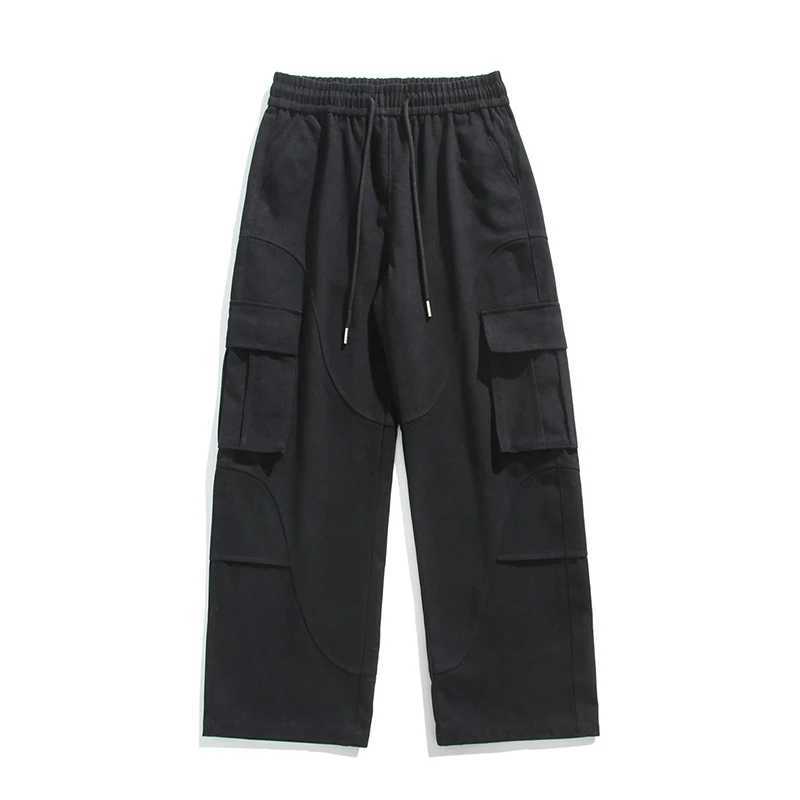 Classic mens loose cargo pants solid color large pocket casual mens pants fashionable streetwear retro wide leg pantsT250319