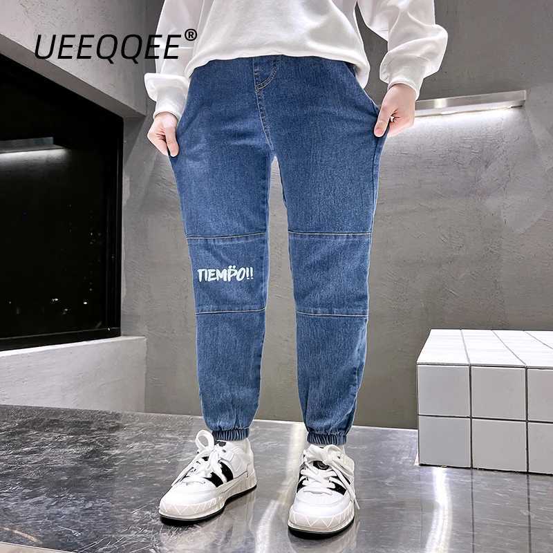 Spring Autumn Children Jeans 4-14Y Boys Cotton Print Splice Stretch Denim Pants Korean Teenage Trousers Wear Kids Clothing New Z250220