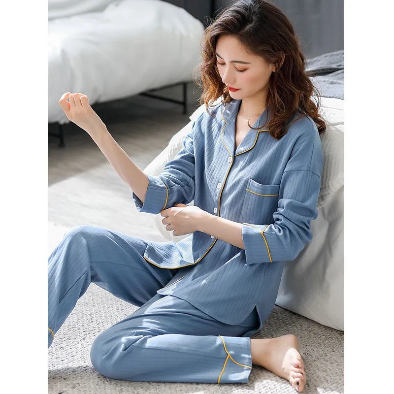 B708-Pajamas for women new pure cotton spring and autumn long sleeves can be worn outside large size home clothes color suit