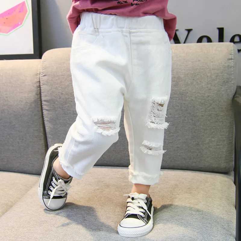 2024 Spring Autumn Baby Girls Ripped Jeans Children Kids Broken Hole Pants White Color Girls Elastic Waist Denim Pants Z250220