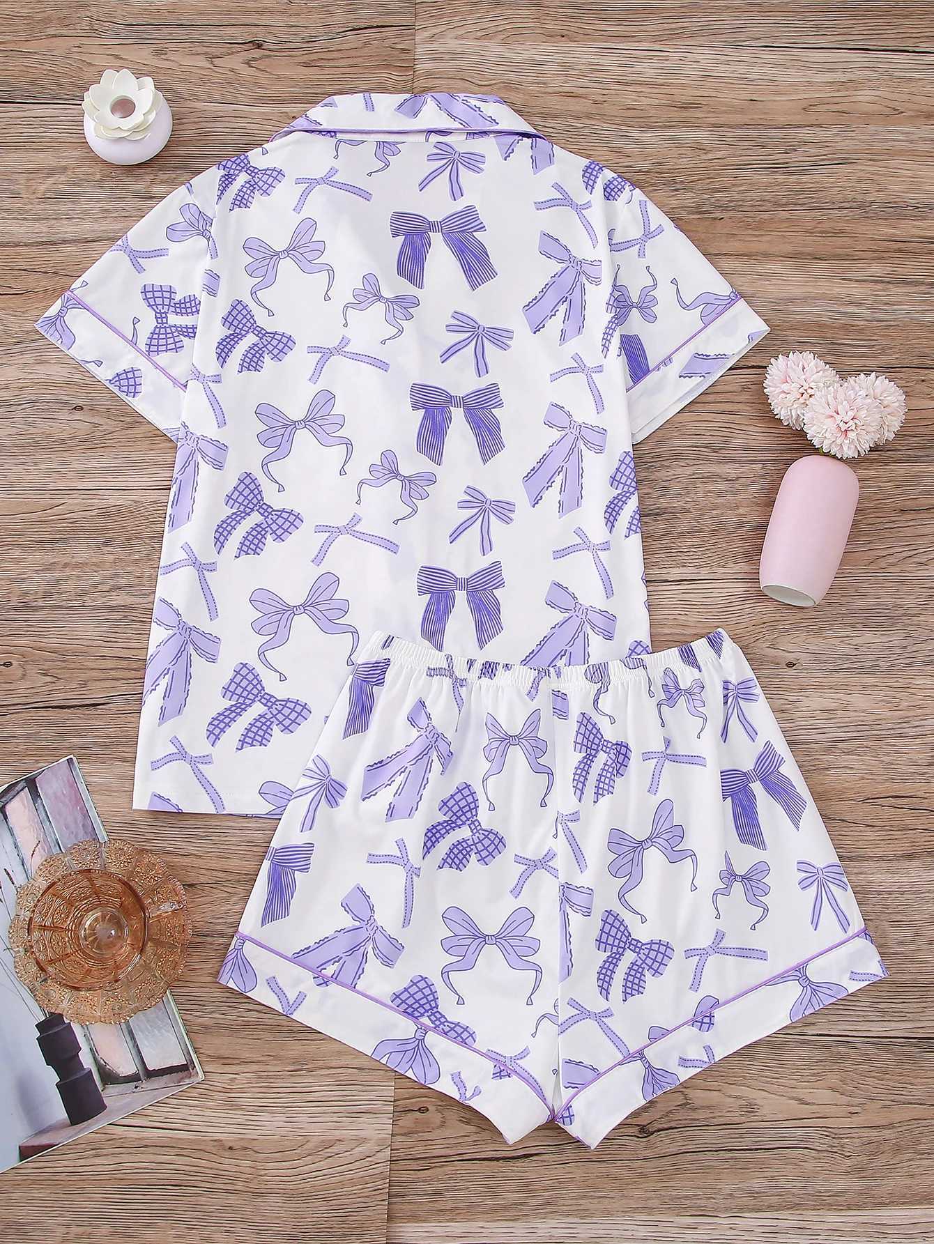 Bow print can be worn on womens spwear lapel button short sves and loose elastic shorts womens home wearXJ250220