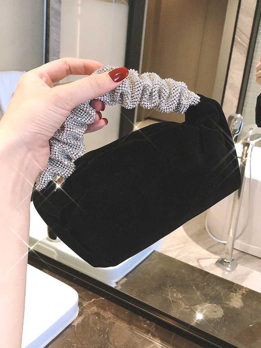 Formal Velvet Evening Clutch For Women Rhinestone Wedding Handbags Stylish Prom Cocktail Party Mini Purse Black Z250220