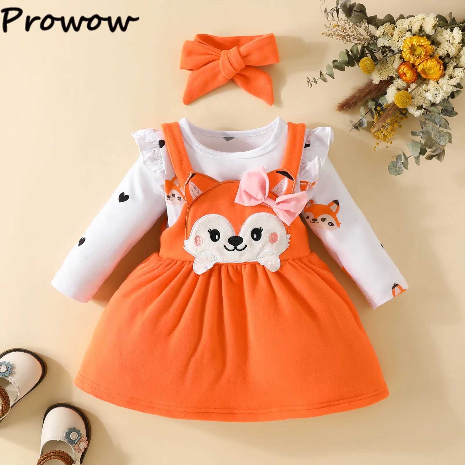 Prowow Cute Fox Baby Dress 3-Piece Heart Printed jumpsuit+Hanging Fox Dress Suitable for Girls Autumn/Winter Newborn Baby Clothing X250220