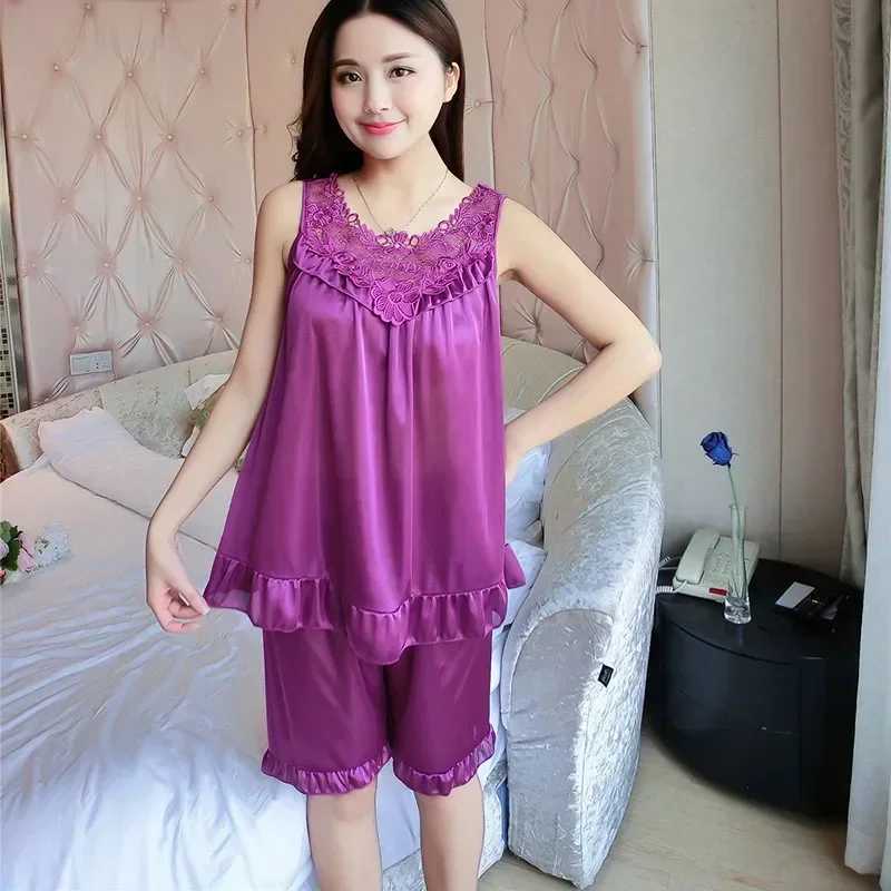Perspective Summer Plus Size Sveless Faux Silk Satin Pajamas Set with Shorts Sexy Spwear Womens Home ClothingXJ250220