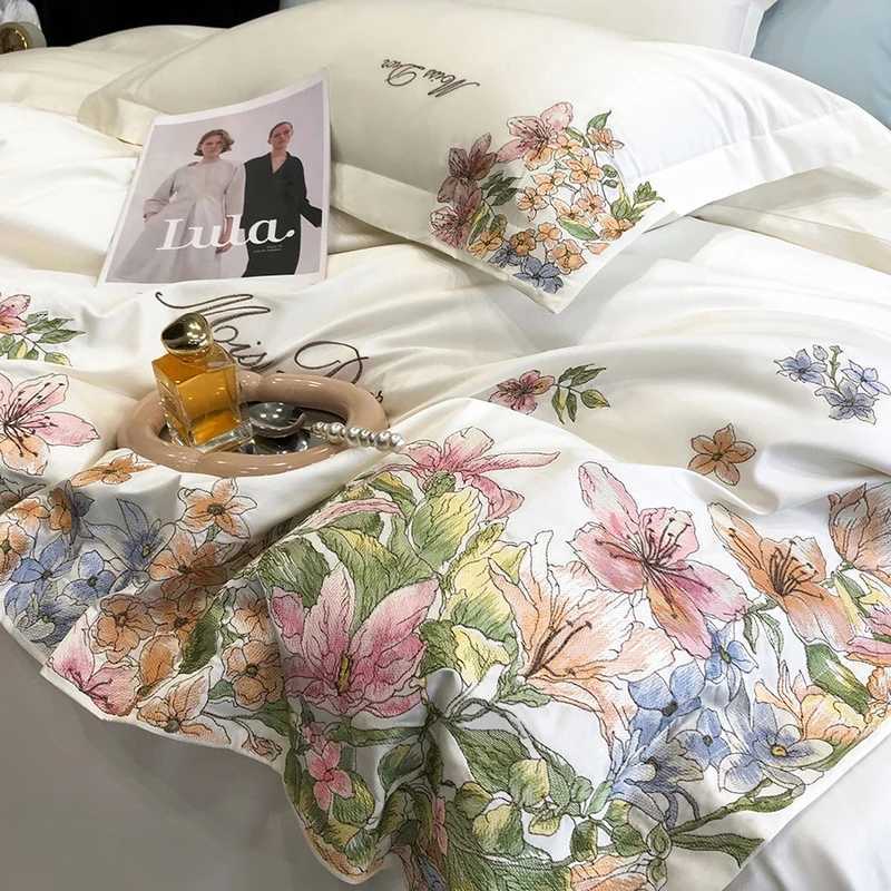 Bedding Set Luxury Flowers Embroidery Quilt/Duvet Cover White Egyptian Cotton Bedspread Fitted Sheet Mattress Cover PillowcasesXJ250220