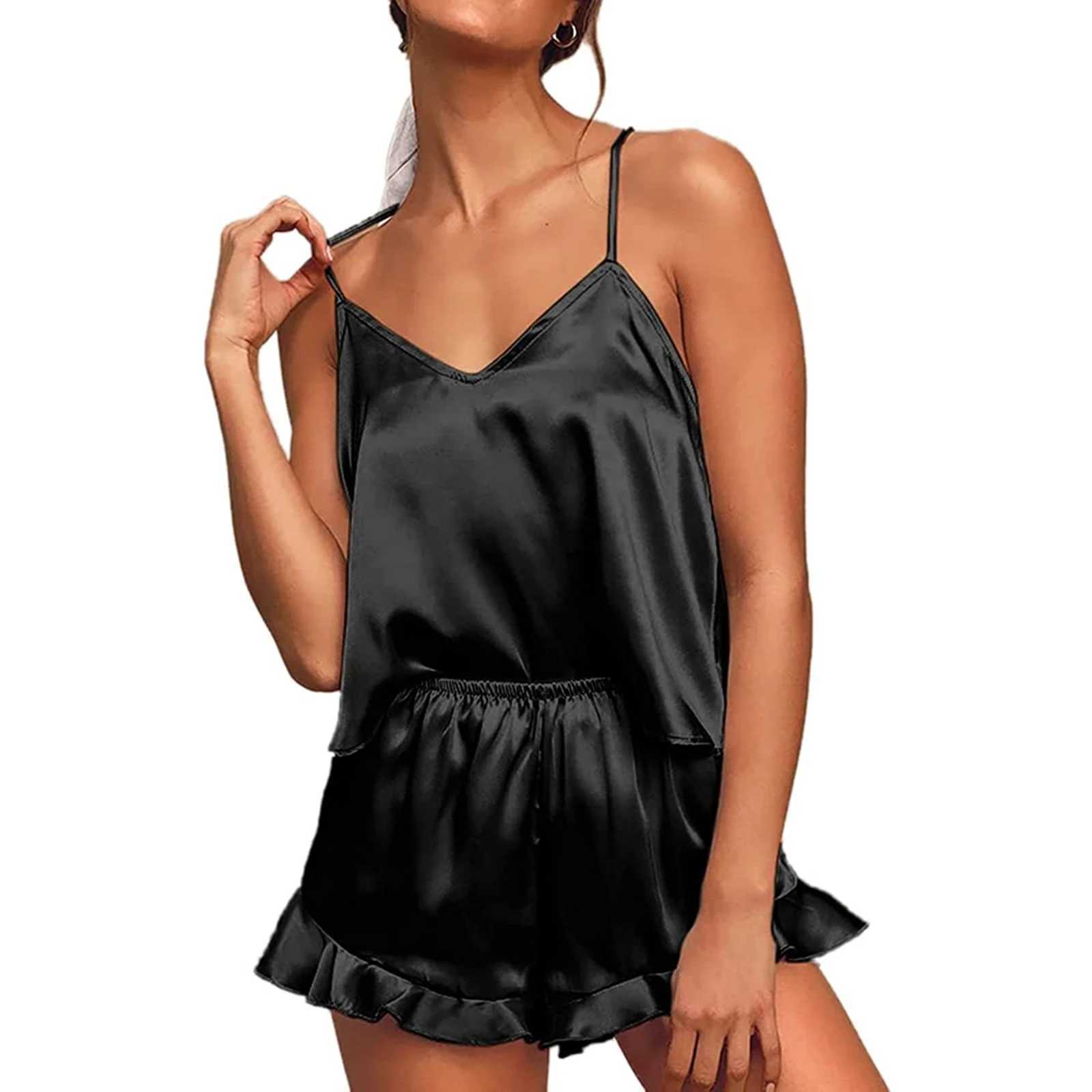Summer Nightwear Two-Piece Pajama Sets for Women Solid Color Sveless Sling V-neck Camisole+Ruffled Shorts Spwear PajamasXJ250220
