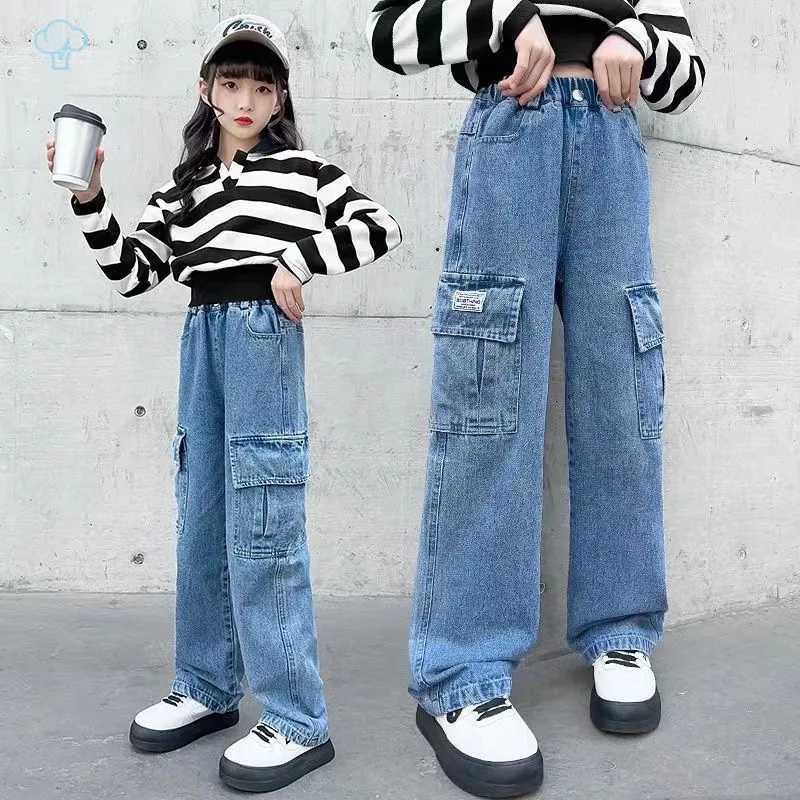 Fashion 2024 Cargo Jeans for Girls Spring Blue Pocket Hot Deals Teens Kids Cargo Pants Casual Straight School Children Trousers Z250220