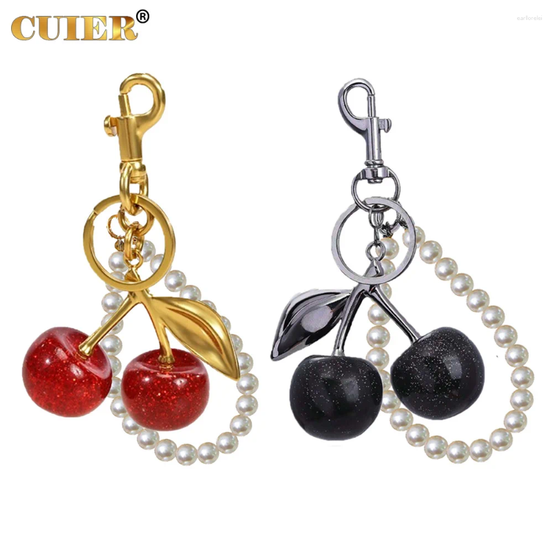 Keychains 1Pc Cute Pearl Bracelet Cherry Fruit Keychain Bag Charm Black Red Jelly Cherrys Key Chain ddmyMon