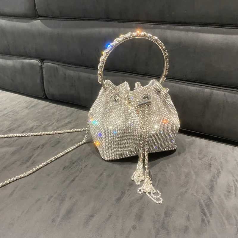 Diamonds Tassel Evening Clutch Bag Women Luxury Designer Chain Metal Ring Handle Shiny Crystal Bucket Purse Bridal Wedding Party Z250220