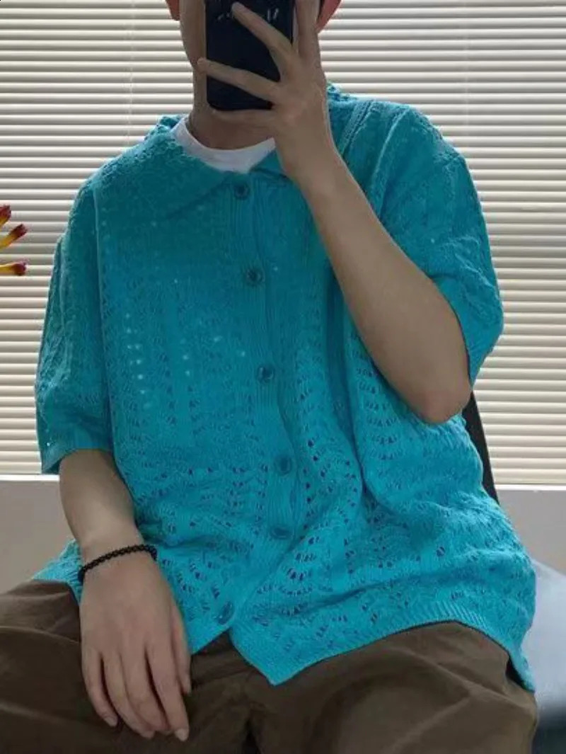 Mens summer solid color short sleeved loose casual mesh mens cut shirt 250219