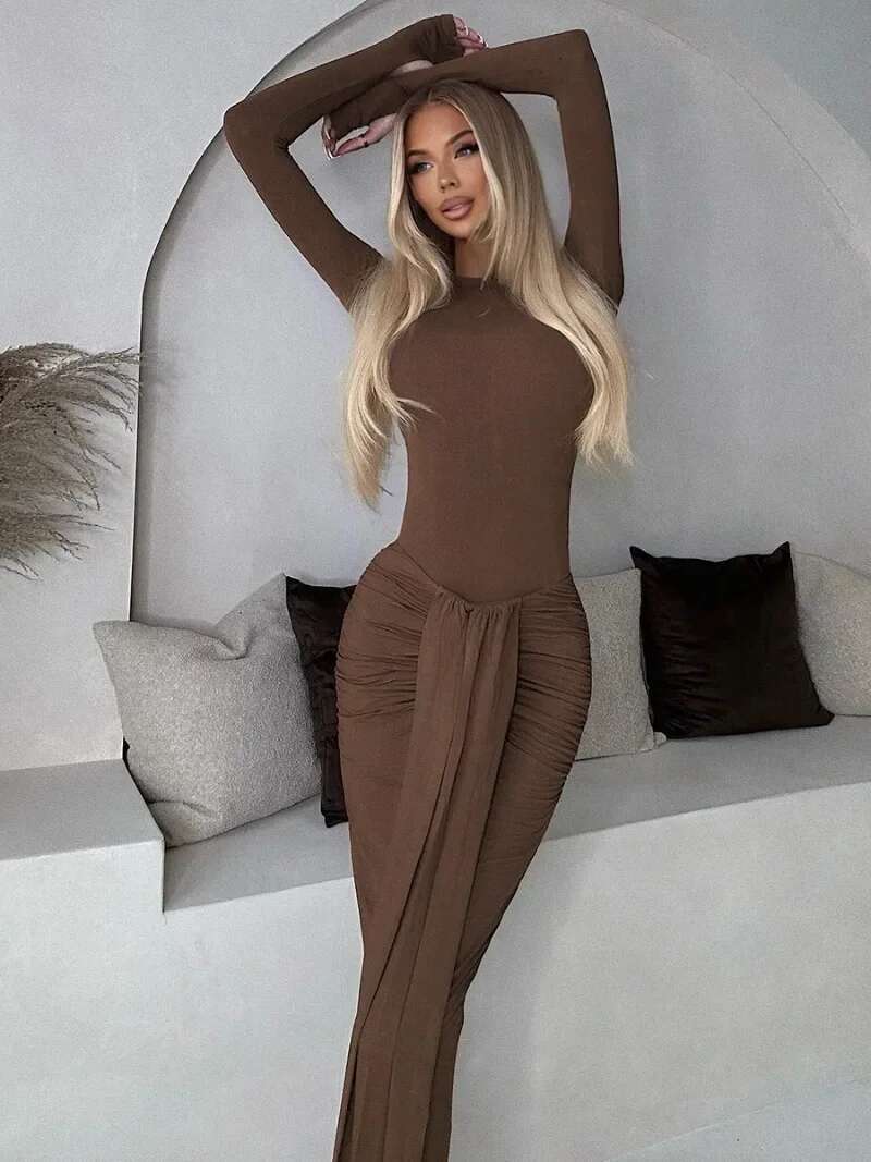 Women Elegant O-Neck Sleeve Bandage Evening Dress 2025 Spring Solid Color Bodycon Folds Long Party Dresses High Street