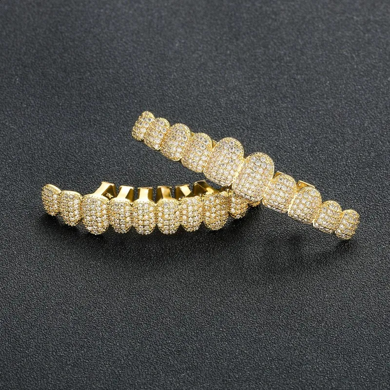 Hiphop Iced Out Zircon Teeth Grillz for Women Men 18k Gold Plated 3A Cubic Zirconia Mouth Teeth Grills 10 Bottom Top Teeths 250220