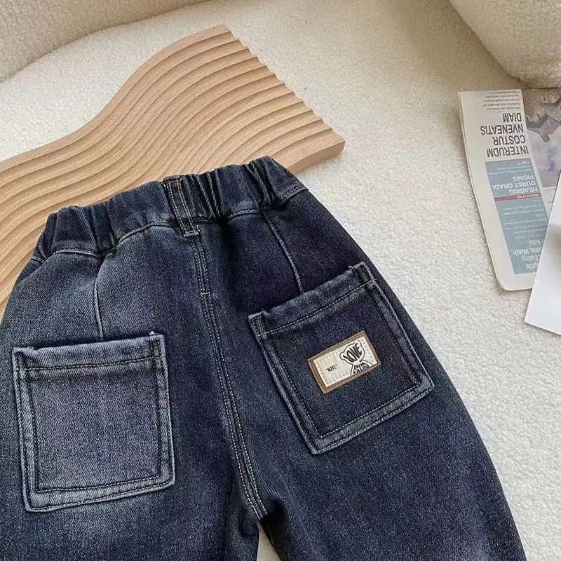 Boys plush and thick pants autumn and winter clothing childrens soft and elastic casual jeans baby warm pants Z250220