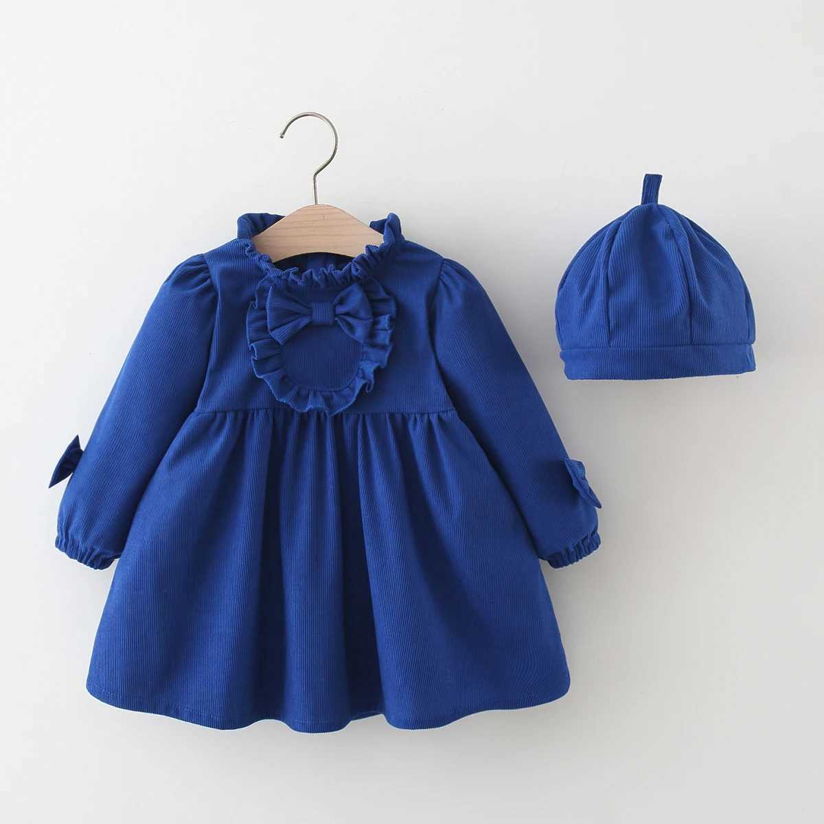Winter New Girls Dress Lace Pleated Bow Solid Color Two-Piece Long-Sleeved Dress + Cap Puffed Sleeve Lace Neckline X250220