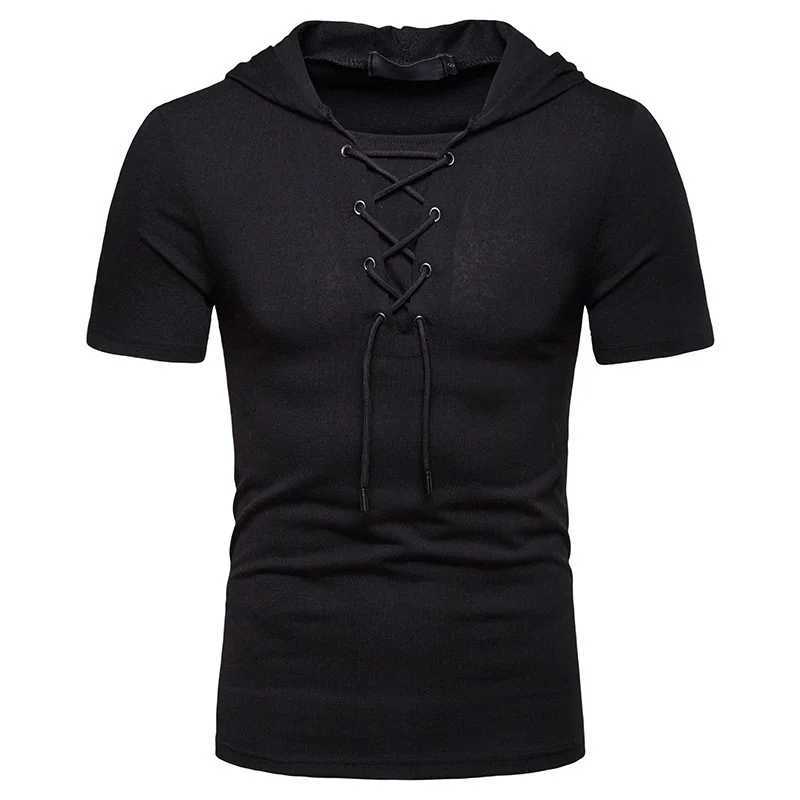 New European And American Mens Hooded Loose Tie Up Hip-hop Casual Short Sleeved T-shirt W250220