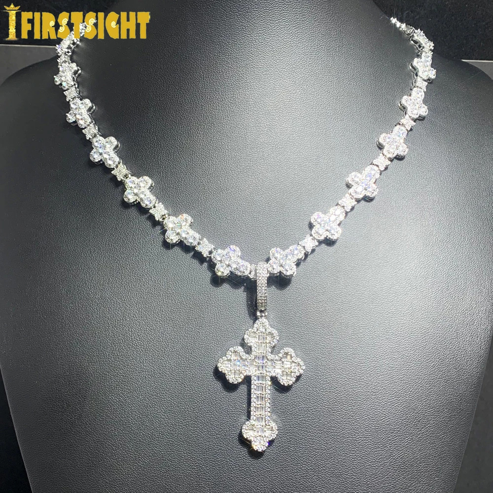 Iced Out Cross Necklace for Men Women Bling Silver Color Cubic Zirconia Charm Star Link Chain Hip Hop Jewelry 250220