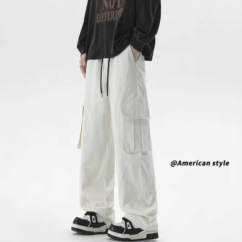 Classic mens loose cargo pants solid color large pocket casual mens pants fashionable streetwear retro wide leg pantsT250319