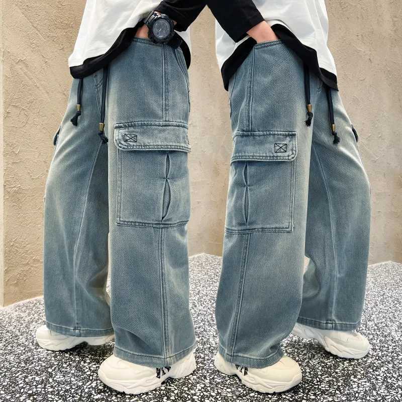 Teenage boys straight leg cargo jeans new spring summer autumn children wide leg denim pants loose pockets Trouser 5 14 Yrs Z250220