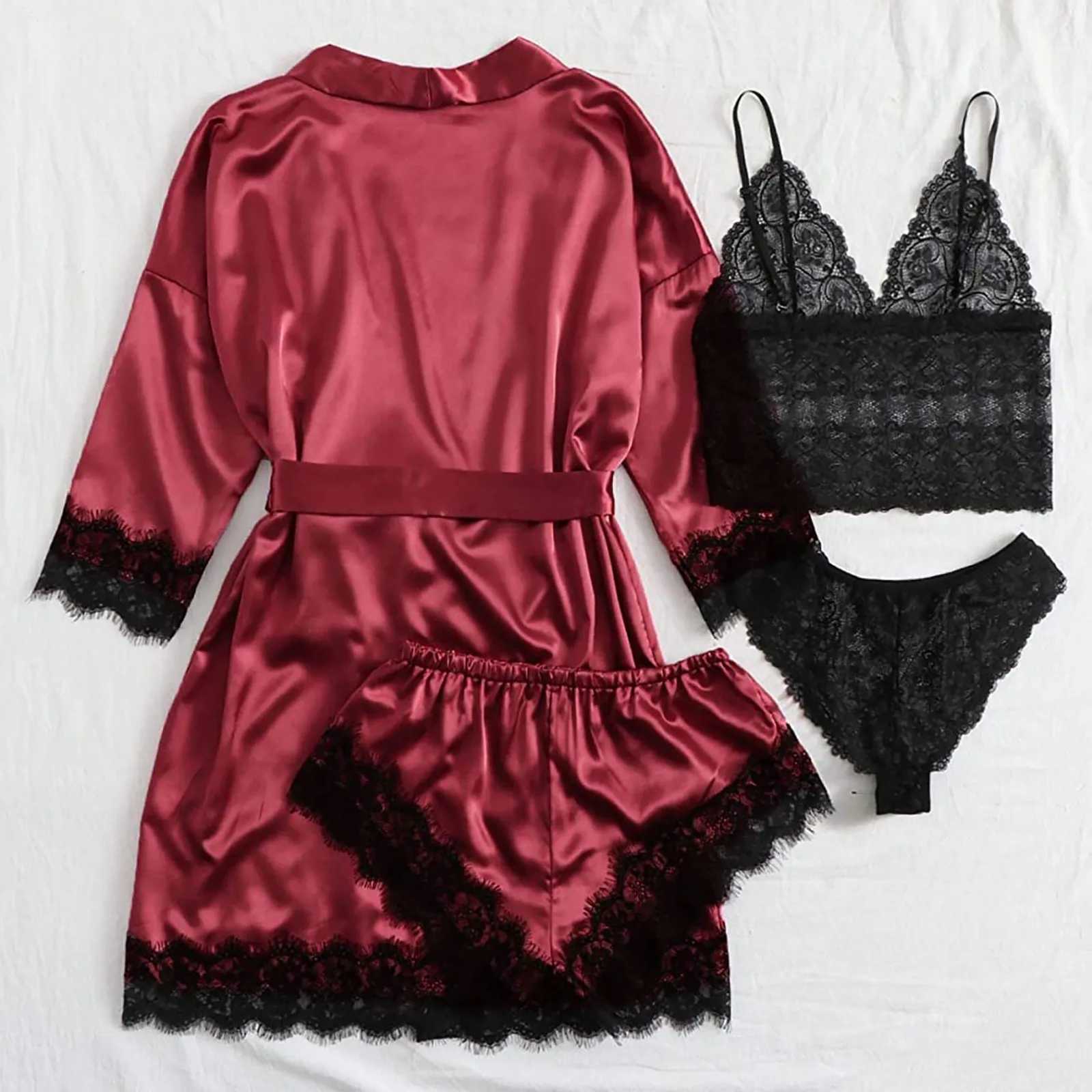 2023 Women Pajamas Sets Satin Spwear Silk 4 Pieces Nightwear Pyjama Strap Lace Sp Lounge Pajama with Chest Pads GiftsXJ250220
