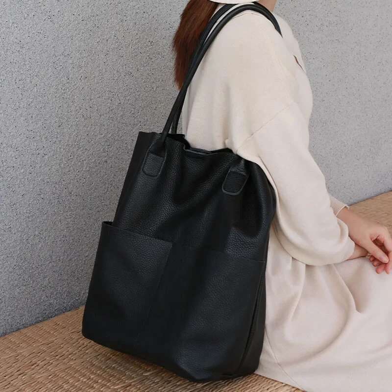 2023 Large Capacity Tote 100% Natural Leather Women Bucket Big Cowhide Lades Hand High Quality Shoulder Bag Beige