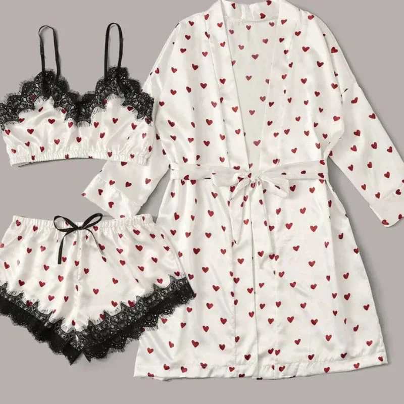 Women 2PCS/3Pcs Satin Ice Silk Pajama Set Heart Print Lace Sping Skirt Seamless Sexy Lingerie Homewear Pajama Short SpwearXJ250220