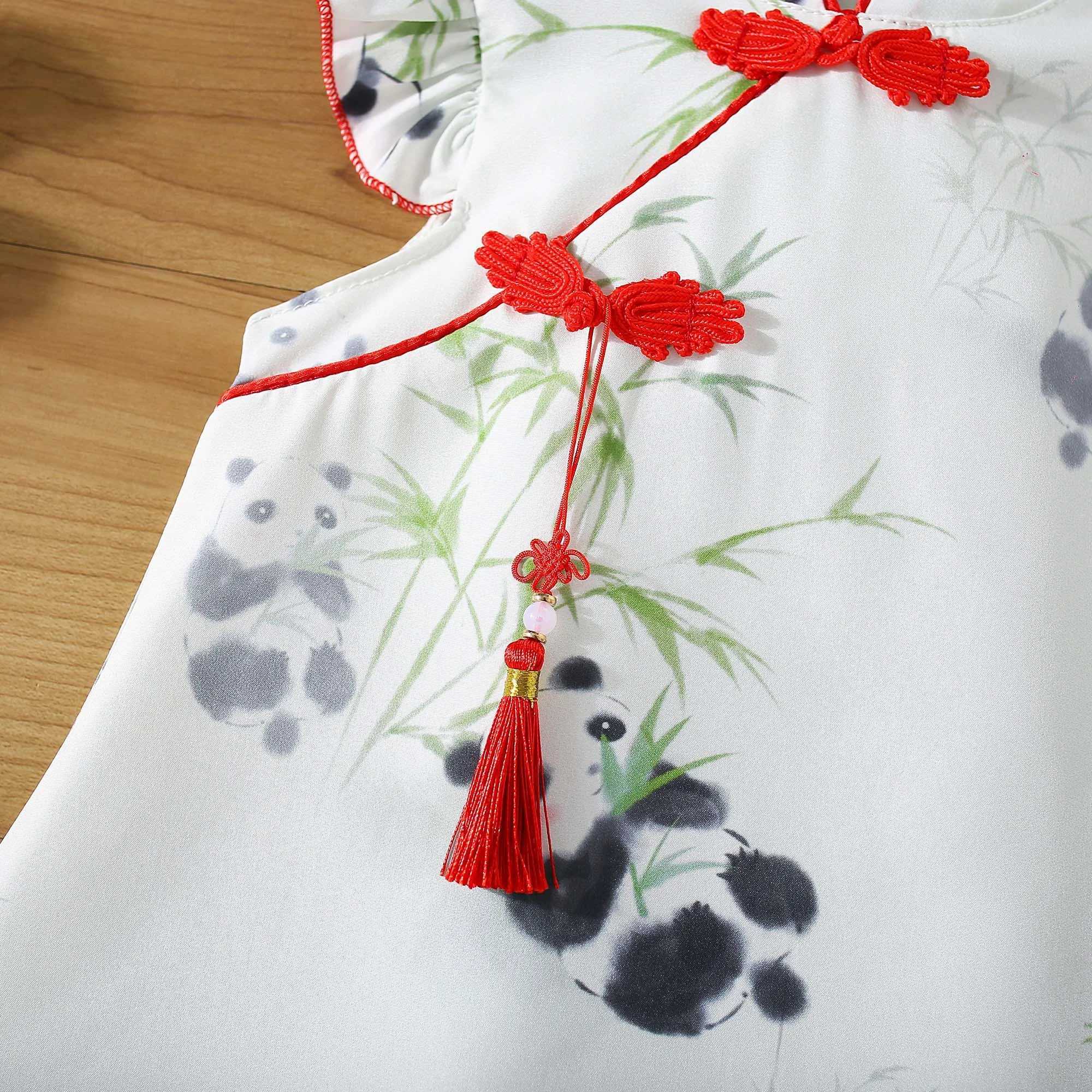 Summer Baby Girl Cotton Panda Print Tassel Dress Girl Chinese Style Hanfu Dress X250220