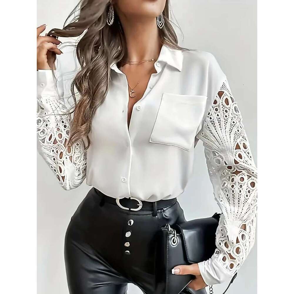 Plus Size 1Xl-5Xl Women's Fashionable Hollow Out Long Sleeved Shirt With Button Up Collar And Solid Color Pocket Top
