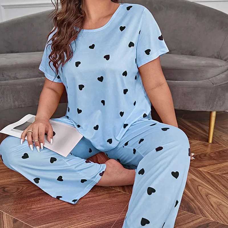 Plus Size Casual Pajama Set Womens Heart Print Short Sve Tee Tops Pants Spwear 2 Piece Soft Comfortable Loungewear SuitXJ250220