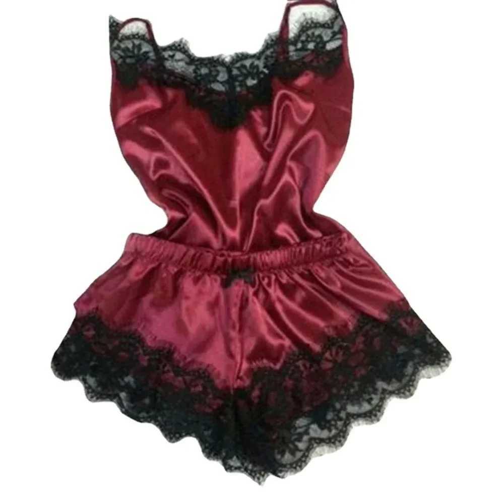 Lace Silk Satin 2 Pieces Pajama Set Women Spwear Babydoll Sexy Lingerie Bowknot Pyjamas Sp Crop Tops with Shorts SetXJ250220