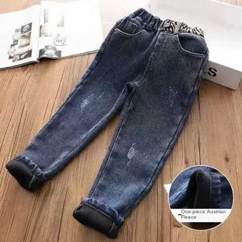 2-13 Years Toddler Baby Winter Jeans Children Thick Velvet Warm Denim Pants for Girls Slim Leggings Kids Blue Fleece Trousers Z250220