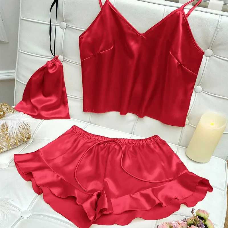 Fashion Sexy Underwear Set Womens 2 Pieces Spwear Pyjamas Silk Satin Bellyband Cami Top and Shorts Pajamas for Women PijamasXJ250220