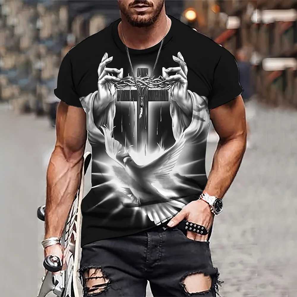 Camisetas de cuello redondo con estampado de Cruz de diseo de modaropa de hombre HipstermodaHip Ho W250220
