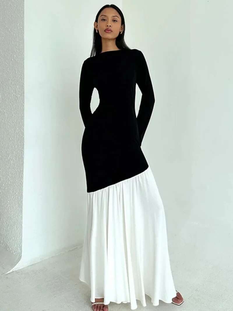 Women's Chic O-Neck Sleeve Black White Patchwork Asymmetrical Long Dress 2025 Spring Office Lady Slim Evening Party Dresses