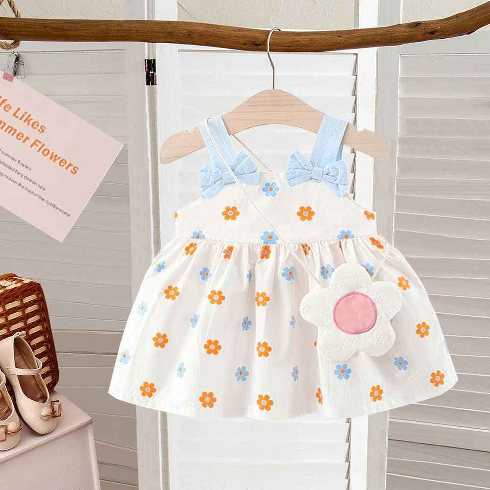 2 pieces/set of baby girls summer sleeveless cute bow childrens dress+floral bag cotton childrens casual dress 1 to 2 pieces X250220