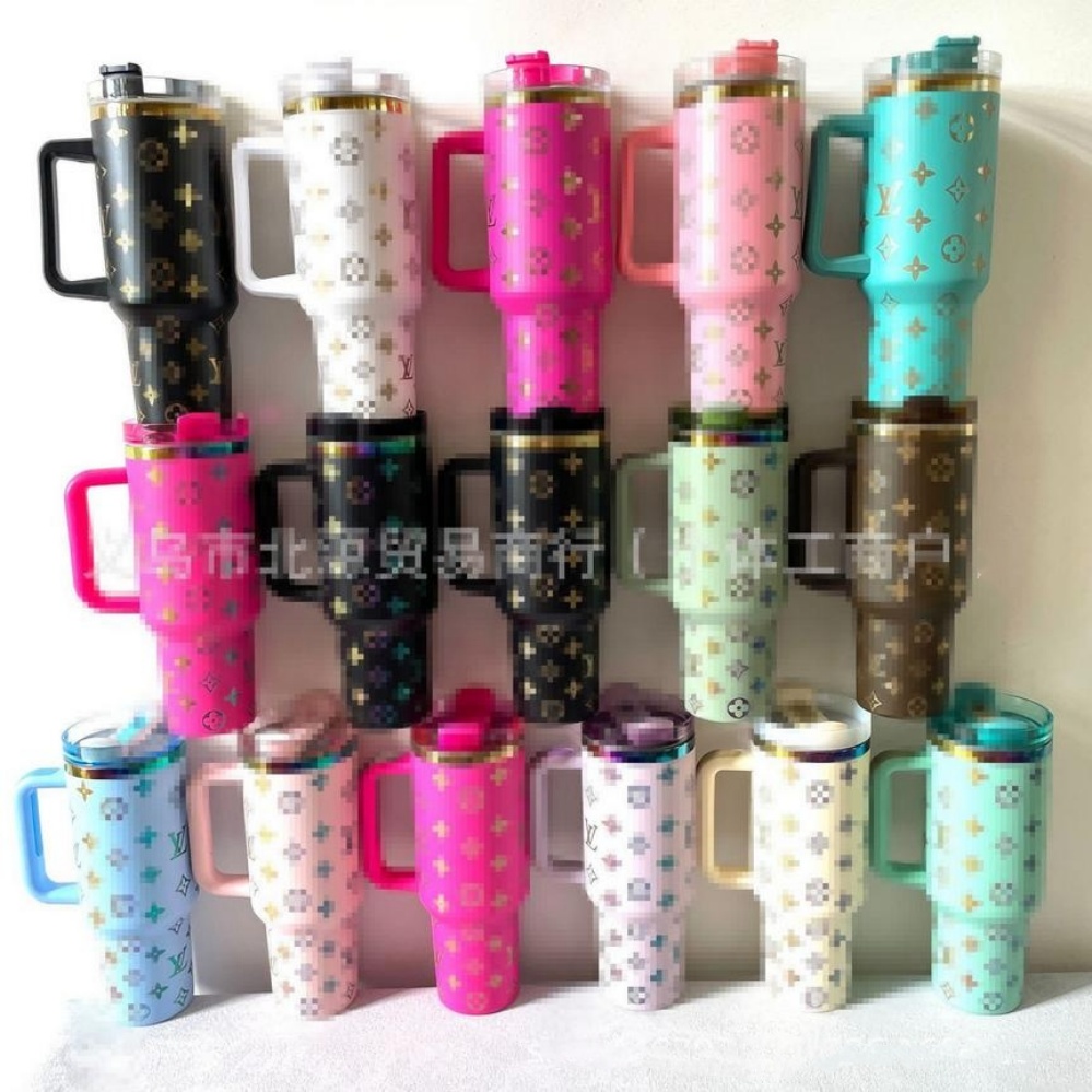 US Stock Designer Tumblers 40oz Mugs Fashion Letters Thermos Cups With Handle Straw SUS304 Stainless Steel Vacuum Large-capacity Cup With Gift Brown Box 0221