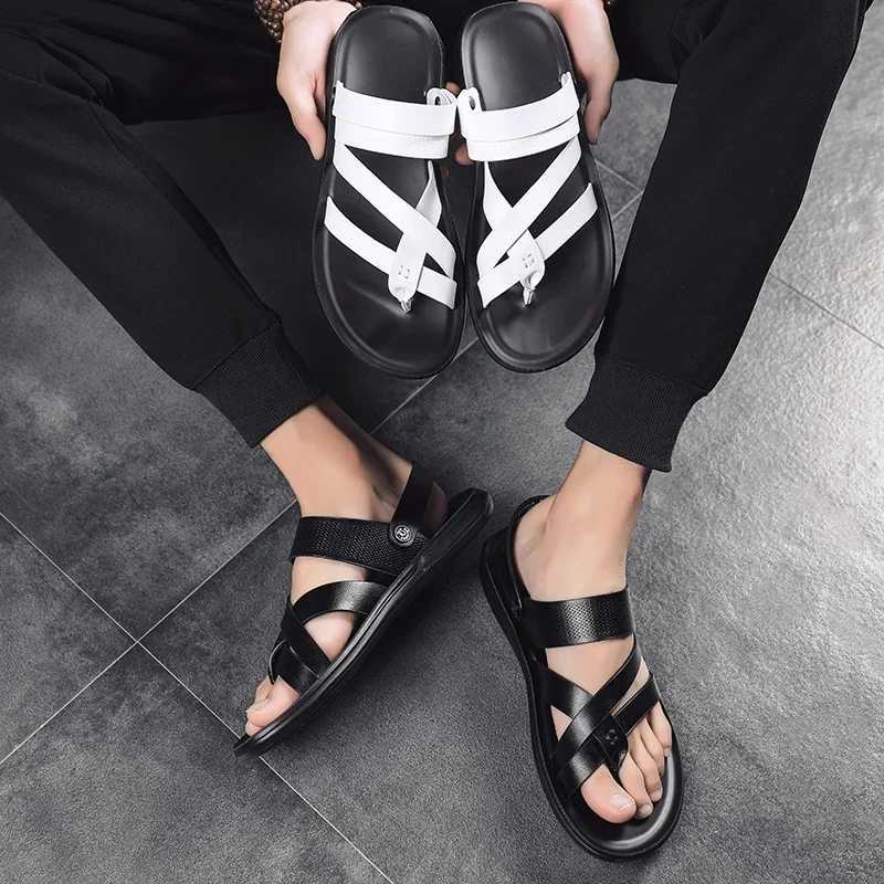 New Arrival Outdoor Beach shoes men Flip Flops fashion breathable Summer Light genuine leather Casual Shoes Slides Black Sandal men T250220