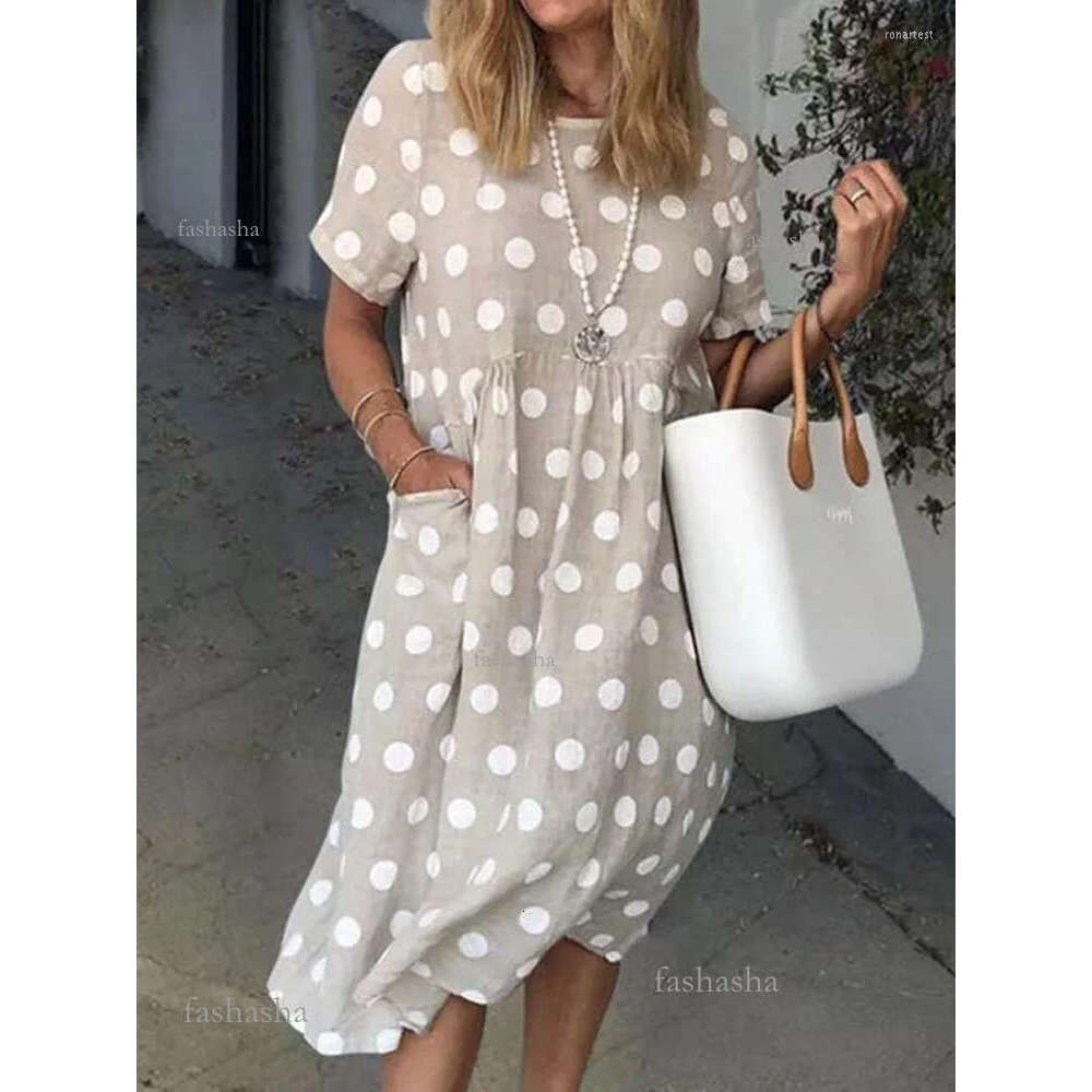 Casual Dresses 2024 Women Summer Dress Loose Short Sleeve Pockets Polka Dot Printed Clothing