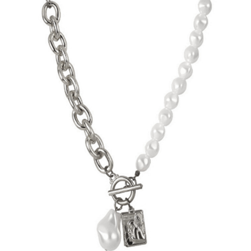 Vintage New Baroque Pearl Portrait Square Plaque Necklace for Women Double Set of Chains