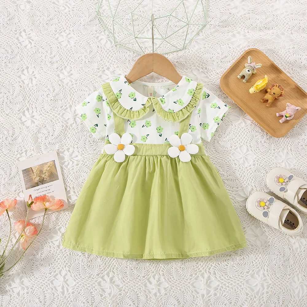 (0-3 Years Old) Summer Baby Girl Cotton Flower Fake Two-Piece Shoulder Strap Dress Girl Cute Short Sleeved Dress X250220