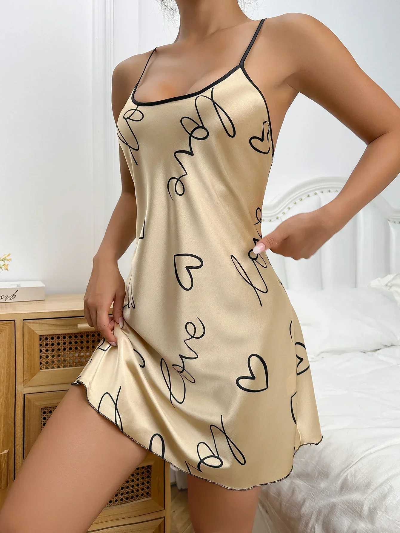 Spwear Womens Sexy Lingerie Heart Print Nightdress Scoop Neck Criss Cross Back Spdress Nightgowns Pajamas NightiesXJ250220