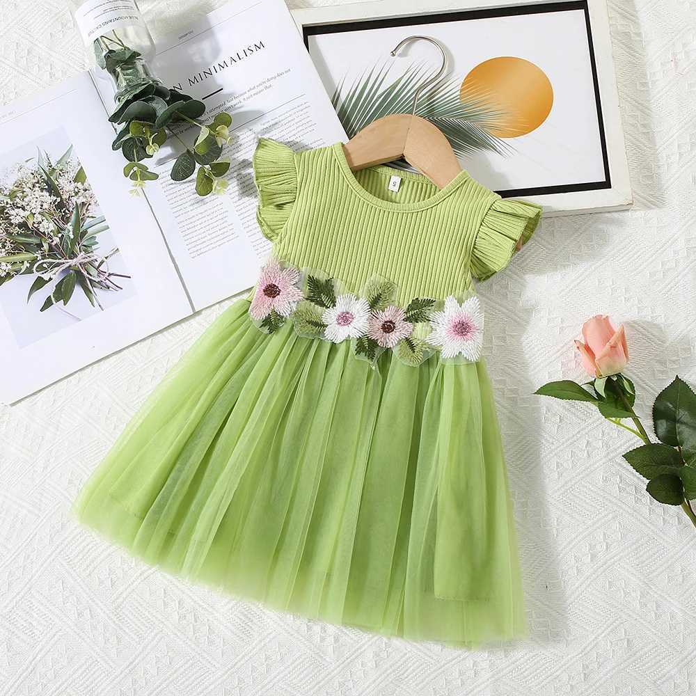 Summer 0-3Year-Old Girl Dress Baby Girl Waist Flower Embroidery Splicing Mesh Small Sleeve Princess Dress X250220
