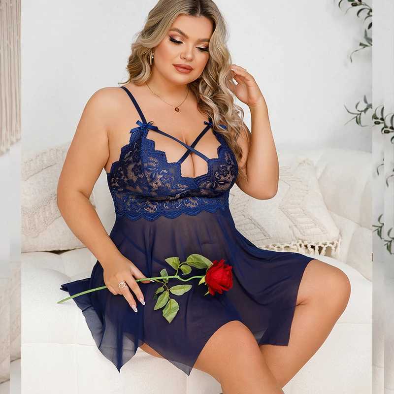 Plus Size Womens Erotic Nightgown Transparent Short Section Tulle Sexy Drees Sex Lingerie With Thong Exotic Baby Doll DressesXJ250220